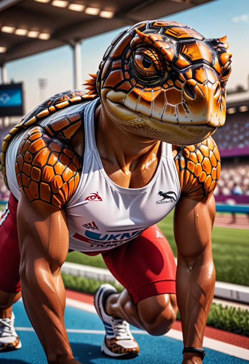 a close up shot on a ((anthmorph turtle: 1.5)) sprinter in a running lane getting ready to sprint in the Olympics, tense look, getting ready to sprint, (best detailed face: 1.3), lean muscled body, sweat beads on forehead, (wearing athletic shirt, pants and sneakers: 1.2), (anatomically correct: 1.4), (full body shot: 1.1) , vibrant, Ultra-high resolution, High Contrast, (masterpiece:1.5), highest quality, Best aesthetics), best details, best quality, highres, ultra wide angle, 16k, [ultra detailed], masterpiece, best quality, (extremely detailed), Cinematic Hollywood Film, Anthro... woman