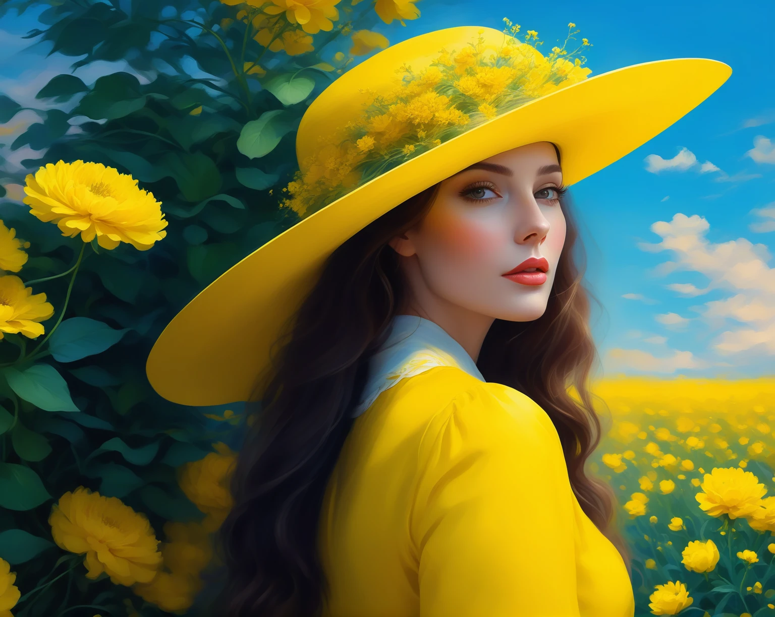 painting of a woman in a yellow hat in a field of yellow flowers, beautiful yellow woman, beautiful art uhd 4 k, beautiful digital illustration, beautiful digital artwork, a beautiful artwork illustration, exquisite digital illustration, beautiful digital painting, stunning digital illustration, elegant digital painting, beautiful digital art, beautiful gorgeous digital art, jen bartel, in the art style of bowater