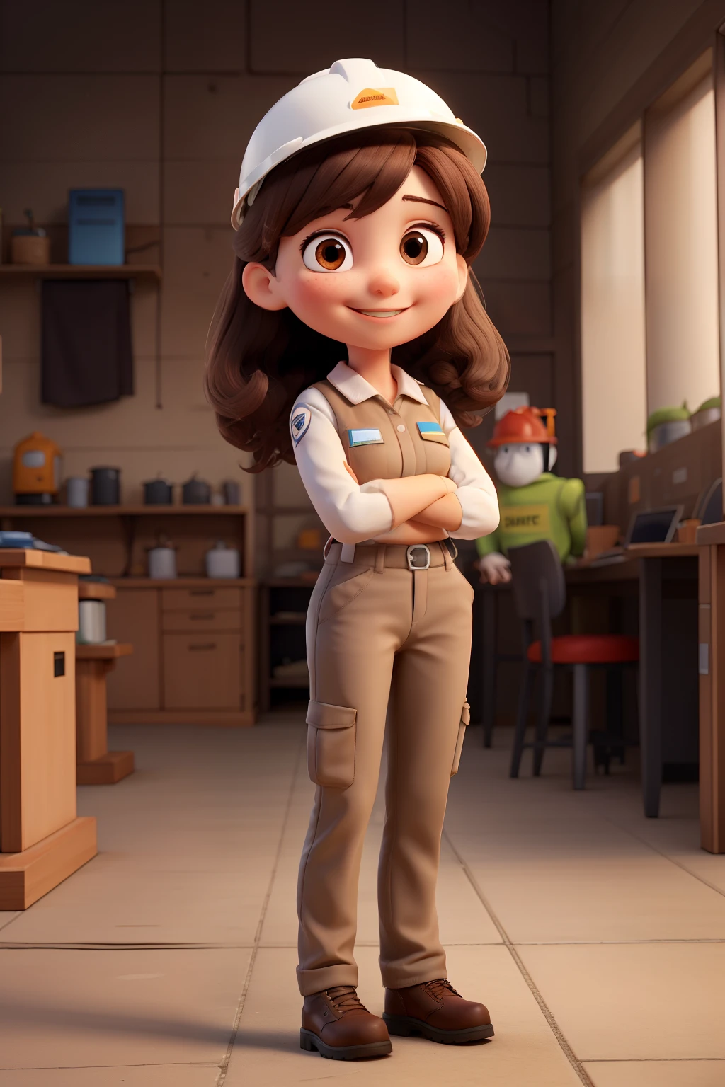 female doll, dark brown hair, brown-eyed, wearing the clothes of an occupational safety technician, white work safety helmet, with arms crossed, and happy smiling in work safety clothing