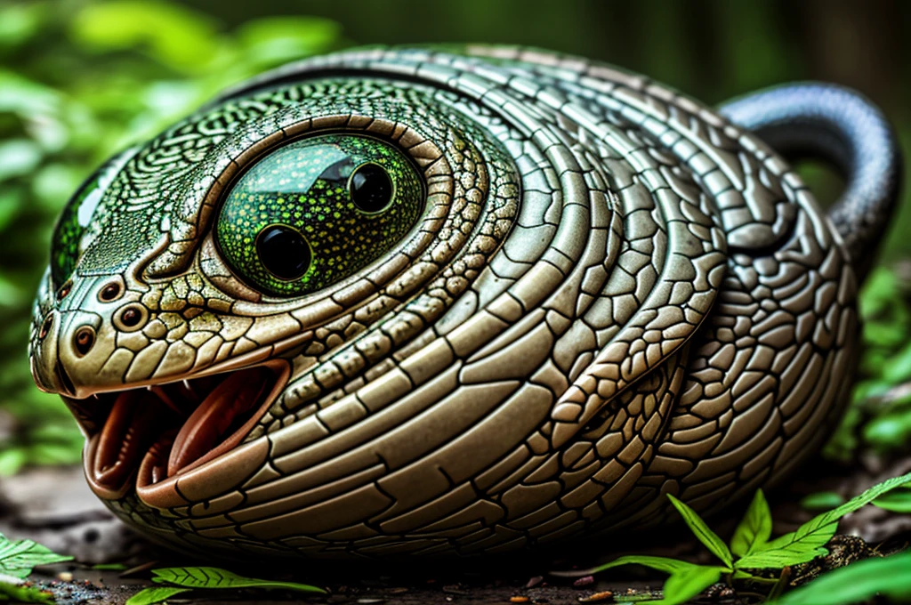 Image of a futuristic, cyberpunk boa constrictor looking directly at the camera with a penetrating and mesmerizing gaze. Its head appears to be in motion, creating a dynamic effect. The eyes shine intensely with a digital glow, and the details are incredibly sharp. The boa's metallic skin appears wet, reflecting light beautifully and showcasing a vibrant array of colors. It is wrapped around a beautiful tree adorned with moss and mushrooms. The image is colorful, with sunbeams filtering through the leaves, making the colors exceptionally vibrant. The ultra-detailed 4K quality captures the scene perfectly, evoking the beauty and intensity of an Ayahuasca vision, blended with a futuristic cyberpunk aesthetic