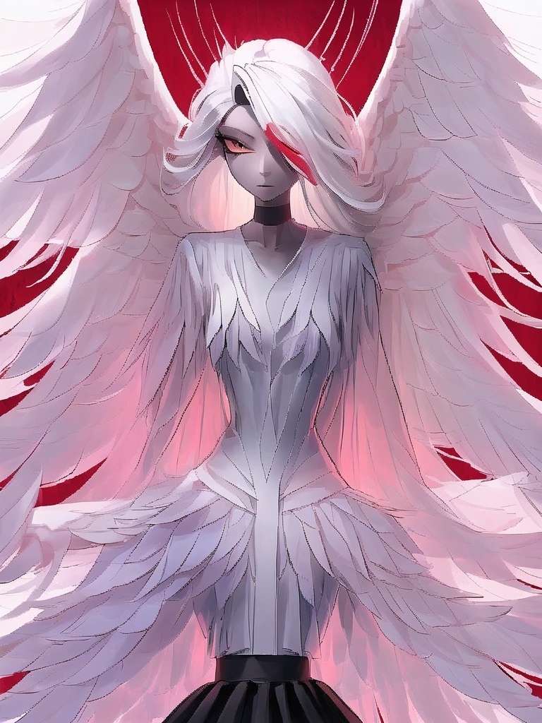 Vaggie, beautiful, Wings, 独奏, perfect anatomy, red shirt, black skirt, white hair, looking at viewer, upper body