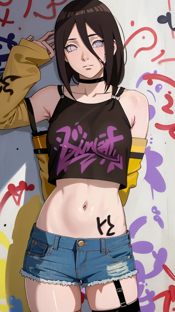 (cowboy shot), (best quality, ultra-high resolution, depth of field:1.2), adult, 1woman, toned body, medium breasts, wide hips, solo, black hair, streaked hair, short hair, bangs, (tiny crop top), (underboob), (denim shorts), (graffiti:1.4), slouching, (crotch tattoo), laying on the wall, looking at viewer, upturned eyes, brown eyes, head tilt, bored, hands behind back ((huge tits)), (dark skin), tan, tanline