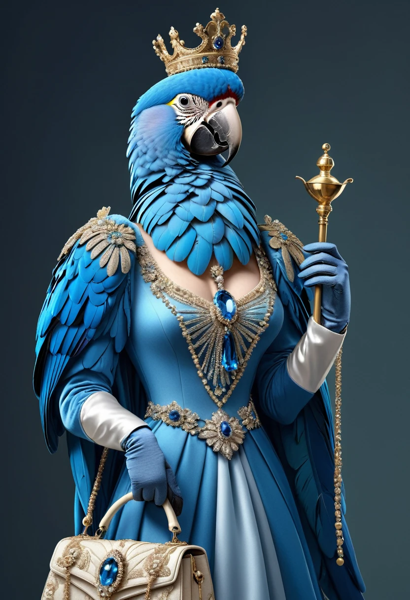 Photorealistic macaw of dressed animals - an artist)) blue macaw queen, (Full-body image:1.5), Wearing a luxurious bag-back dress,(wearing luxury crown),holding scepter, Old-fashioned luxury clothing, detailed and opulent description of a king&#39;s aristocratic dress in rococo style, sitting in the throne, emphasizing luxurious fabrics, intricate embroidery, and ornate accessories, Rococo style background