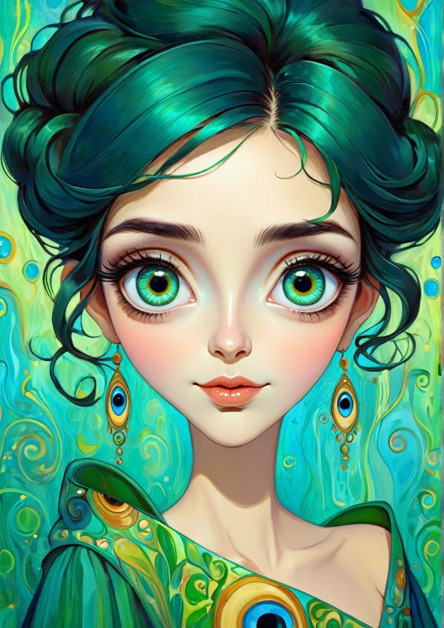 Happy colorful woman huge eyes, bella, realistic cartoon proportion, wow of art, attractive,estilo Gustav Klimt, green Blue, cyan
