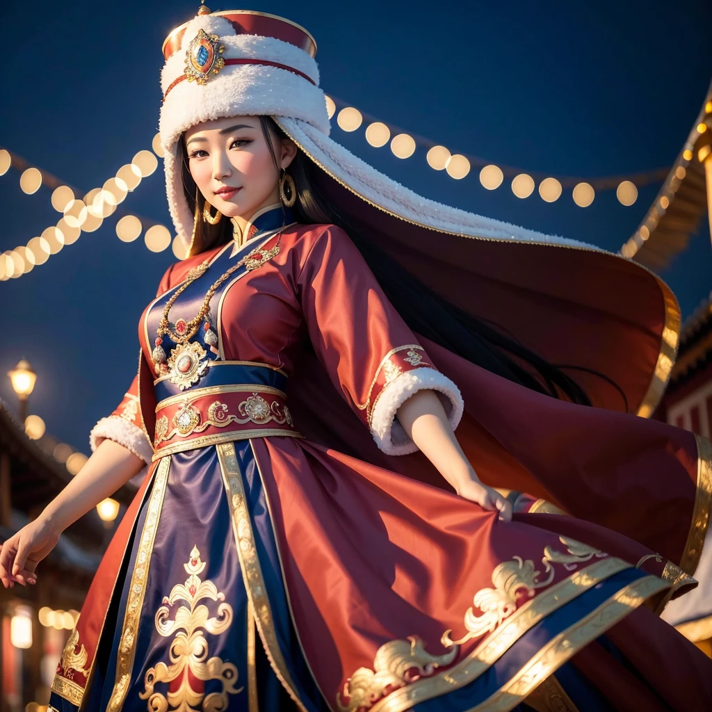 ((best quality)), ((masterpiece)), (detailed), 1 Beauty, Portraiture ,Character leaning to the right,Mongolian national costume,Background Ulaanbaatar,Blurred Background,night