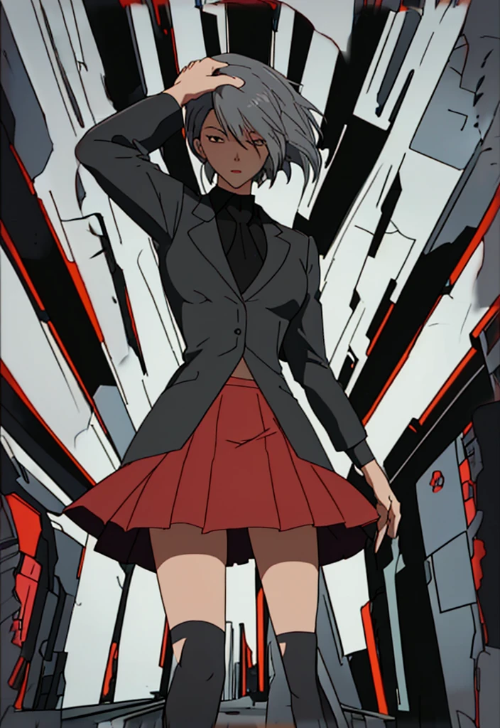 Make a anime dark skinned business woman in a red skirt suit