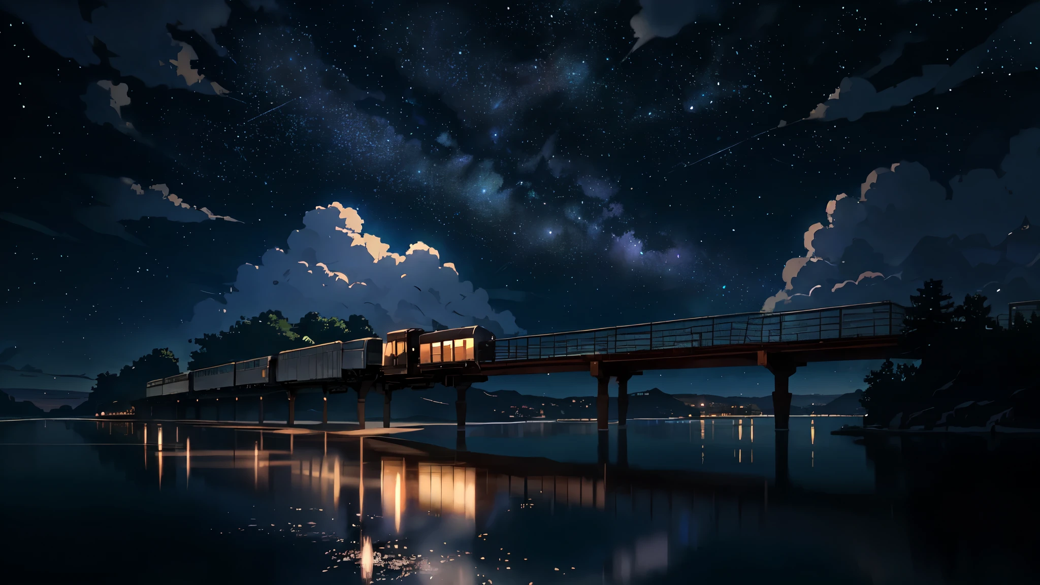Masterpiece, anime train passing through bodies of water on tracks, bright starry sky. Romantic train, Makoto Shinkai's picture, pixiv, concept art, lofi art style, reflection. by Makoto Shinkai, lofi art, Beautiful anime scene, Anime landscape, detailed scenery —width 672, in style of Makoto shinkai, style of Makoto shinkai, enhanced details., beautiful sky view
