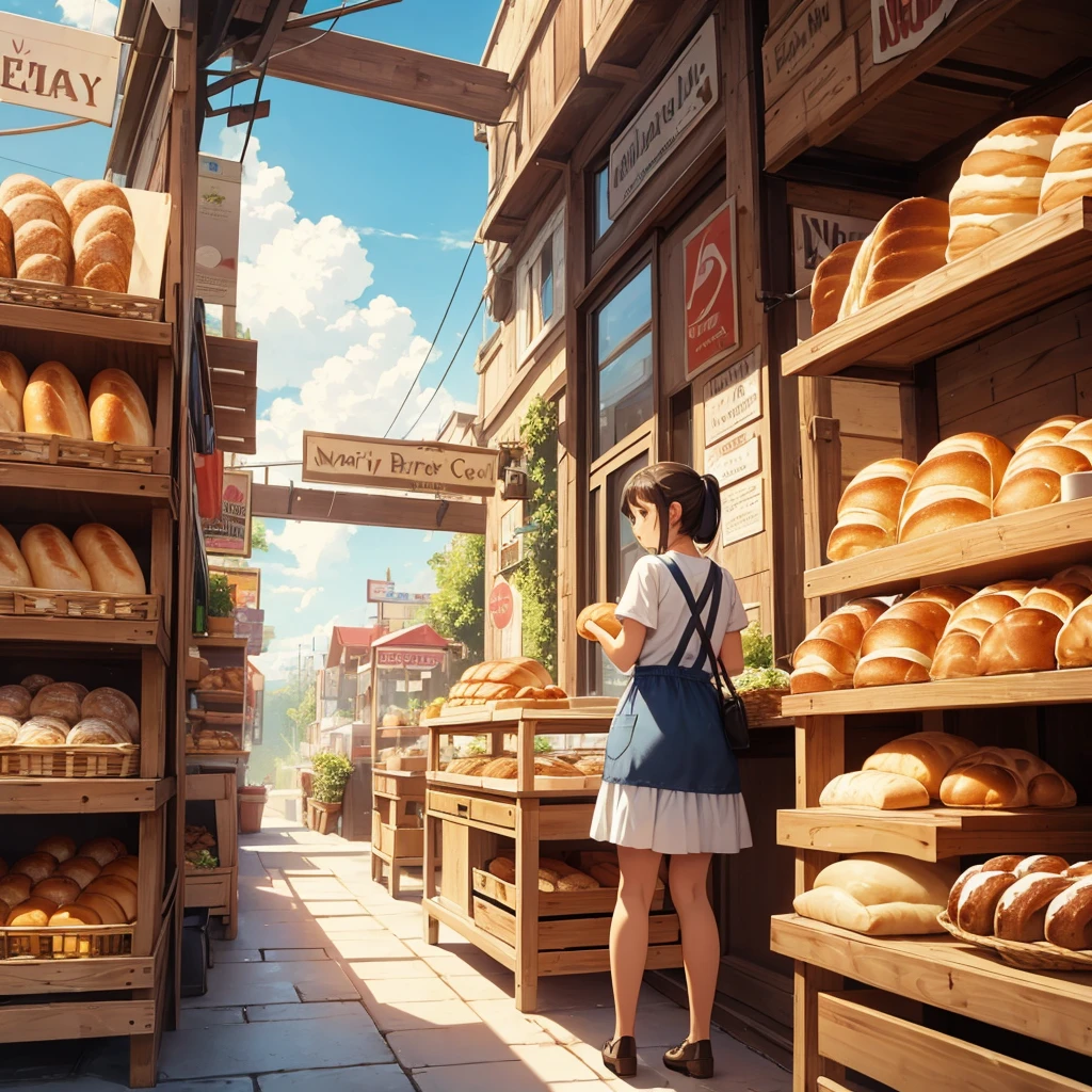BAKERY, giant bread, chica comiendo giant bread, blue sky, artwork, Masterpiece