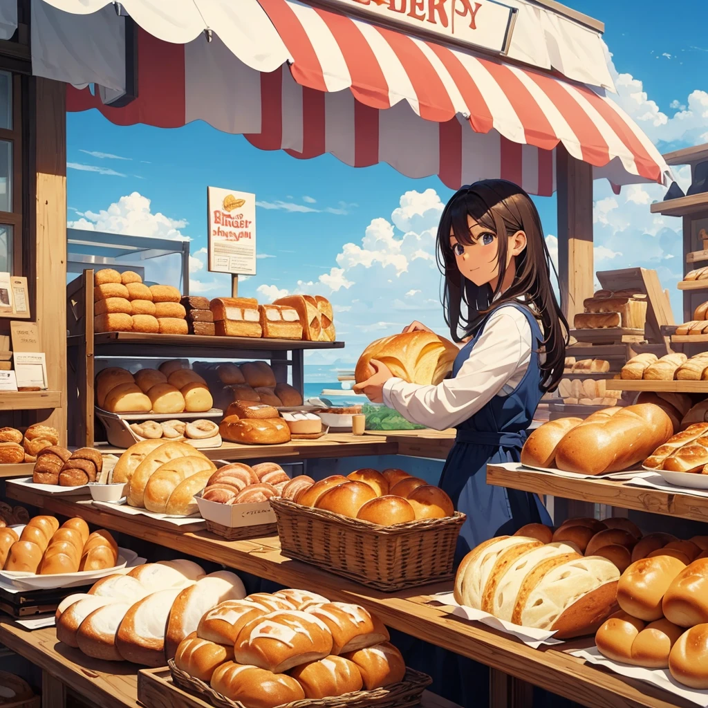 BAKERY, giant bread, chica comiendo giant bread, blue sky, artwork, Masterpiece