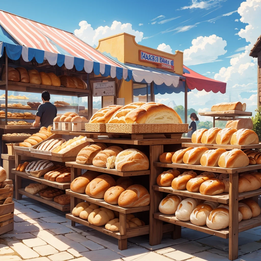 BAKERY, giant bread, chica comiendo giant bread, blue sky, artwork, Masterpiece