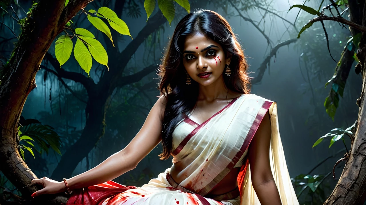 (dark jungle ambience) (horror dark effect) (full body) (scary face) a beautiful indian beautiful ghost girl wearing sleeveless white blood stained saree, (big but covered) sitting on a tree branch, scary bloody face, cruel smiling expression, emotionless, seductive, detailed face, detailed eyes, detailed lips,night lighting 