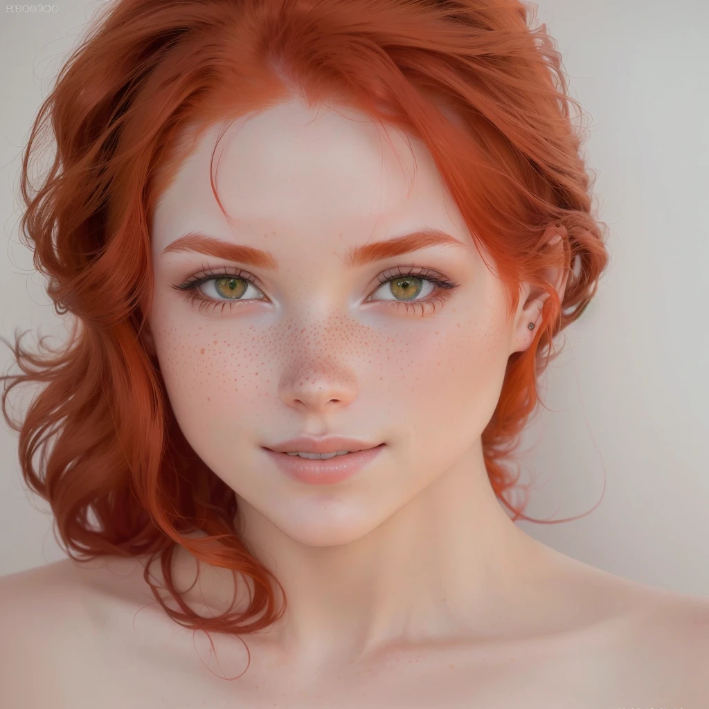 Create the round face of a beautiful redhead woman, green eyes, 28 ans, 1m68, 55kg, sportive, squared hair, without cosmetic surgery. 90C chest, waist size 38.
