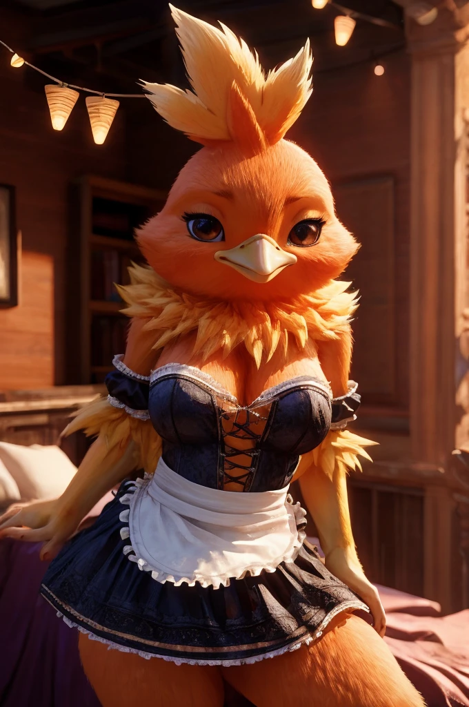 Female,Bird,Torchic background, (cinematic lighting:1.1), (perfect focus:1.1), 8k hd, (detailed eyes:1.2),depth of field, bokeh, subsurface scattering, perfect breasts, wide ,((Traditional maid clothing with short skirt showing sexy thighs  , posing sexy)),bright colors, (furry detail:1.3),detailed background, realistic, photorealistic, ultra realistic,in his room with a large bed and many decorations ,realistic, photorealistic ,blushing mischievous smile ,(fluffy:1.3), furry, buff, (realistic fur:1.1), (extreme fur detail:1.2),((light orange fur)),(Black pupil, brown eyes,pixar style eyes)Torchic Tail, 3d pixar legs,sexy body,posing semi undressing from the maid's garment,showing her buttocks and her bare chest. 