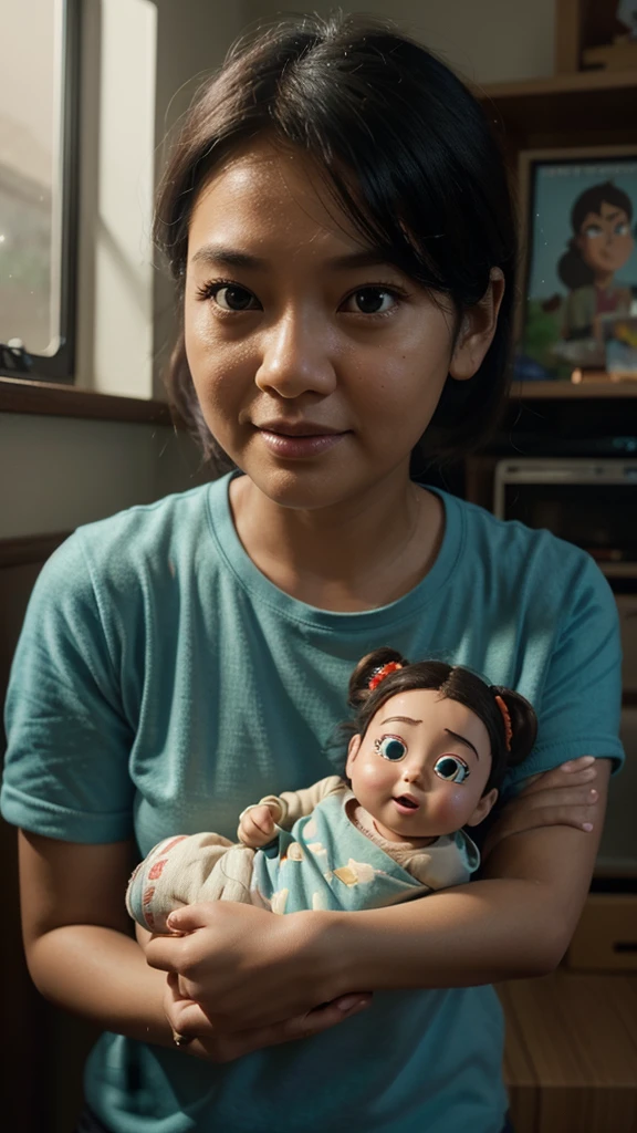 a close up of a person holding a doll and a small , animated film, animated movie, animation film, disney pixar weta, teaser, tv commercial, award winning animation, fanart, illustartion, inspired by Rudy Siswanto, hiro, ad image, switch, pixar weta portrait, disney weta 8 k, lofi, trailer, movie promo