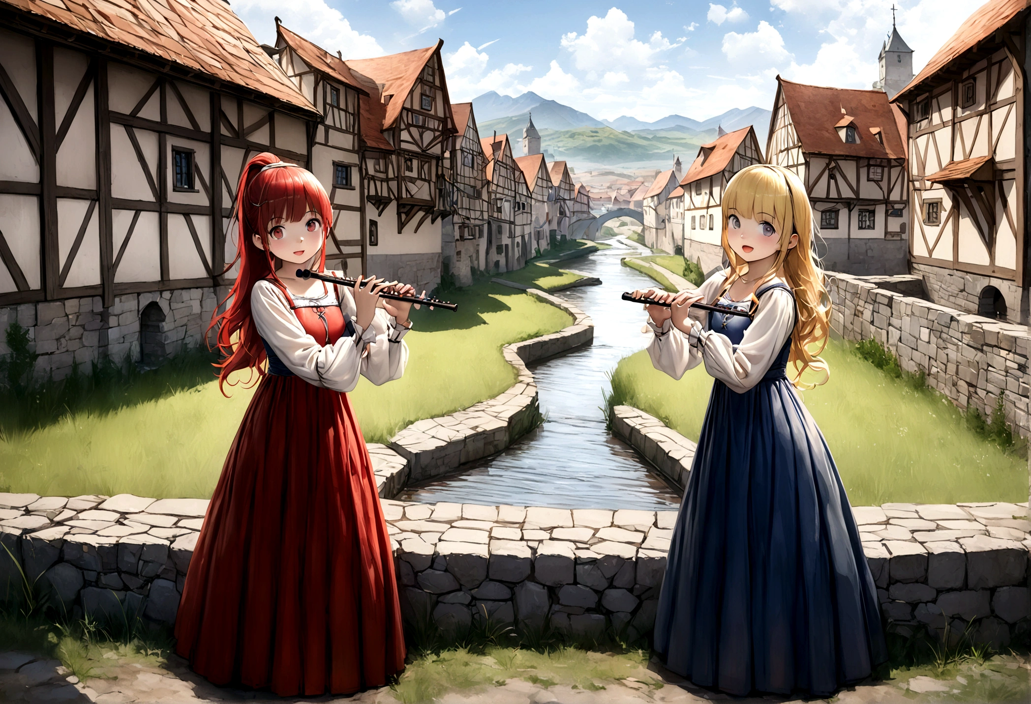 (((Top quality, 4k, 8k, high resolution, masterpiece: 1.2))), (super detailed), (realistic), (photorealistic), (photorealistic: 1.37), (HDR, UHD), (studio (lighting)), ultra-fine drawing, sharp focus, physically based rendering, highly detailed, professional, vibrant colors, perfect ditaile hand, highly detailed realistic eyes, girl, one girl, multiple girls, A lot of girls, smile, open mouth, close mouth, short hair, medium hair, medium length, long hair, ponytail, red hair, blue hair, blonde hair, green hair, pink hair, medieval European clothing, Citizen's Clothing from Medieval Europe, miniskirt, mid-length skirt, long skirt, chinos pants, (((playing the lute))), (((playing the flute))), (((playing the drums))), Medieval European town, Countryside, Medieval European rural village, Rural grassland, Mountain view, Rural river, Irrigation canal, anime, cartoon, kawaii, qute, (((Long shot, Panorama, Distant view, Vast landscape))), knees, feet, looking at viewer,