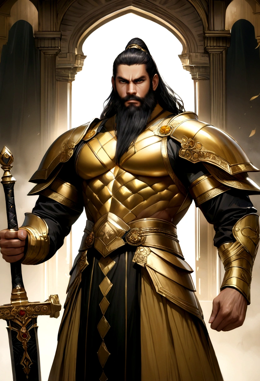 best quality,4k,8k,highres,masterpiece:1.2,ultra-detailed,realistic:1.37,fotografia,man dressed in black and gold holding a sword,medium:FantasyDaimyo:1,Lora:djzFantasyDaimyoV21:0.8,beautiful detailed eyes,strong muscular build,dark hair,long beard,elegant armor,golden embellishments,ornate hilt of the sword, with imama,dramatic lighting,strong and confident expression,detailed surroundings of a mythical kingdom,golden throne arab mosque in the background,
sparkling gemstones on the armor,elaborate engravings on the sword,reminiscent of feudal Japan,
lush green foliage,majestic mountains,warrior in a proud and commanding stance