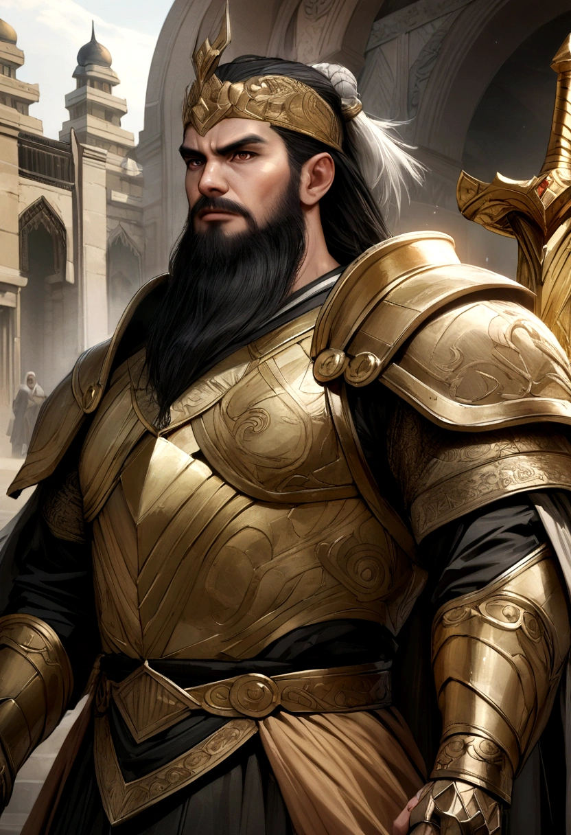 best quality,4k,8k,highres,masterpiece:1.2,ultra-detailed,realistic:1.37,fotografia,man dressed in black and gold holding a sword,medium:FantasyDaimyo:1,Lora:djzFantasyDaimyoV21:0.8,beautiful detailed eyes,strong muscular build,dark hair,long beard,elegant armor,golden embellishments,ornate hilt of the sword, with imama,dramatic lighting,strong and confident expression,detailed surroundings of a mythical kingdom,golden throne arab mosque in the background,
sparkling gemstones on the armor,elaborate engravings on the sword,reminiscent of feudal Japan,
lush green foliage,majestic mountains,warrior in a proud and commanding stance