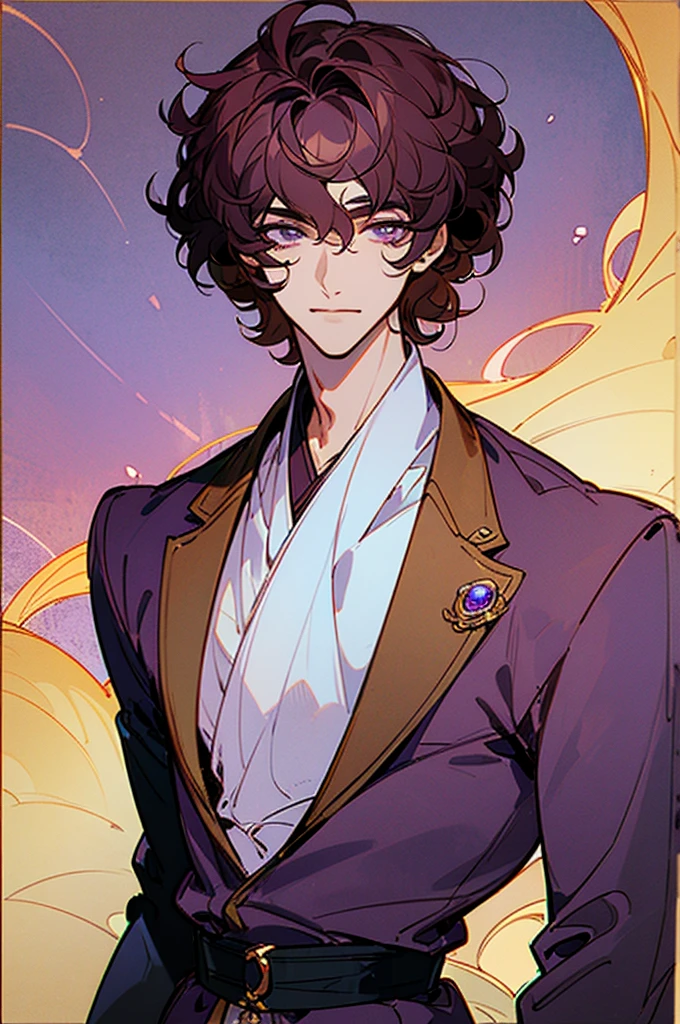 ((masterpiece)), ((one man)), man, late 40s, dark skin, pearl eyes, detailed eyes, velvet hair, short hair, short curly hair, ((curly hair)), curly hair, tall, handsome, mature, purple clothes,
