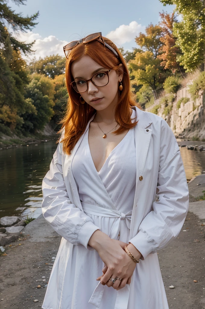 1 girl, alone, go to the river, orange hair, piercing hair, glasses on head, orange eyes, decorations, bow, white dress, purple jacket, during, earring, have, stand, hands on hips, look at viewer, Close one eye, Beaming, outdoor, city