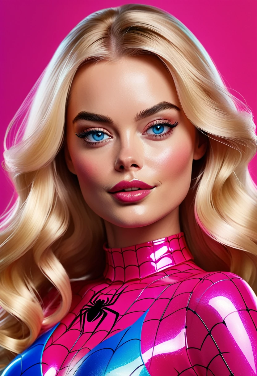 (Masterpiece artwork, 8K, uhd, high resolution: 1.4), vibrant portrait of Margot Robbie as Barbie in Spider-Verse art style, (stylized and detailed strokes: 1.3), (shiny, wavy blonde hair: 1.2), (big, expressive blue eyes: 1.2), (Barbie&#39;s iconic outfit with modern, colorful touches: 1.3), (confident and dynamic pose: 1.3), (comic animation elements with hand-drawn textures and shadows: 1.2), (background with stylized and colorful urban scenes: 1.1), (Cheerful and energetic atmosphere: 1.3), Intricate, vibrant details, (fantasy and modern elements: 1.2), (dynamic and captivating perspective: 1.3)