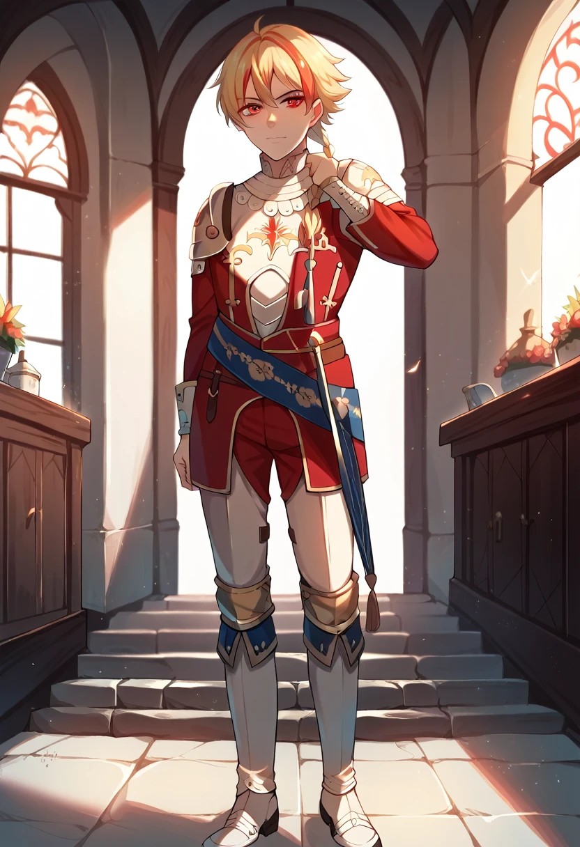 best quality, masterpiece, anime boy , young boy, 24 years old,  1boy, , short hair, beautiful face, perfect shot, perfect anatomy, medieval, white background, full body, solo boy, 4k, high resolution , detailed face, detailed eyes, red eyes, standing, single braid, tall boy, first person view, illustration, digital art