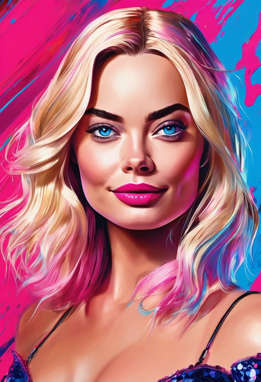 (Masterpiece artwork, 8K, uhd, high resolution: 1.4), vibrant portrait of Margot Robbie as Barbie in Spider-Verse art style, (stylized and detailed strokes: 1.3), (shiny, wavy blonde hair: 1.2), (big, expressive blue eyes: 1.2), (Barbie's iconic outfit with modern, colorful touches: 1.3), (confident and dynamic pose: 1.3), (comic animation elements with hand-drawn textures and shadows: 1.2), (background with stylized and colorful urban scenes: 1.1), (Cheerful and energetic atmosphere: 1.3), Intricate, vibrant details, (fantasy and modern elements: 1.2), (dynamic and captivating perspective: 1.3)