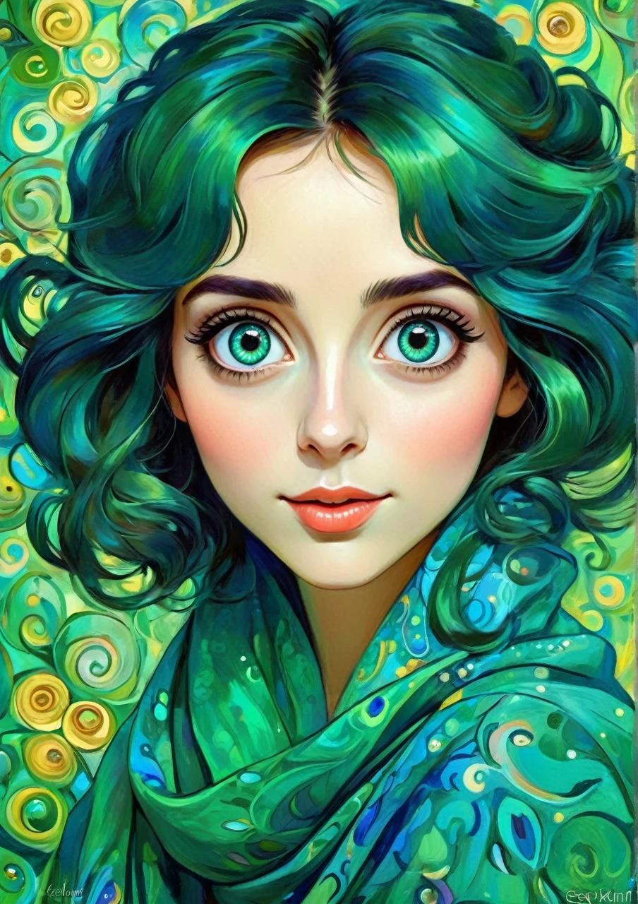 Happy colorful woman big eyes, bella, realistic cartoon proportion, wow of art, attractive,estilo Gustav Klimt, green Blue, cyan