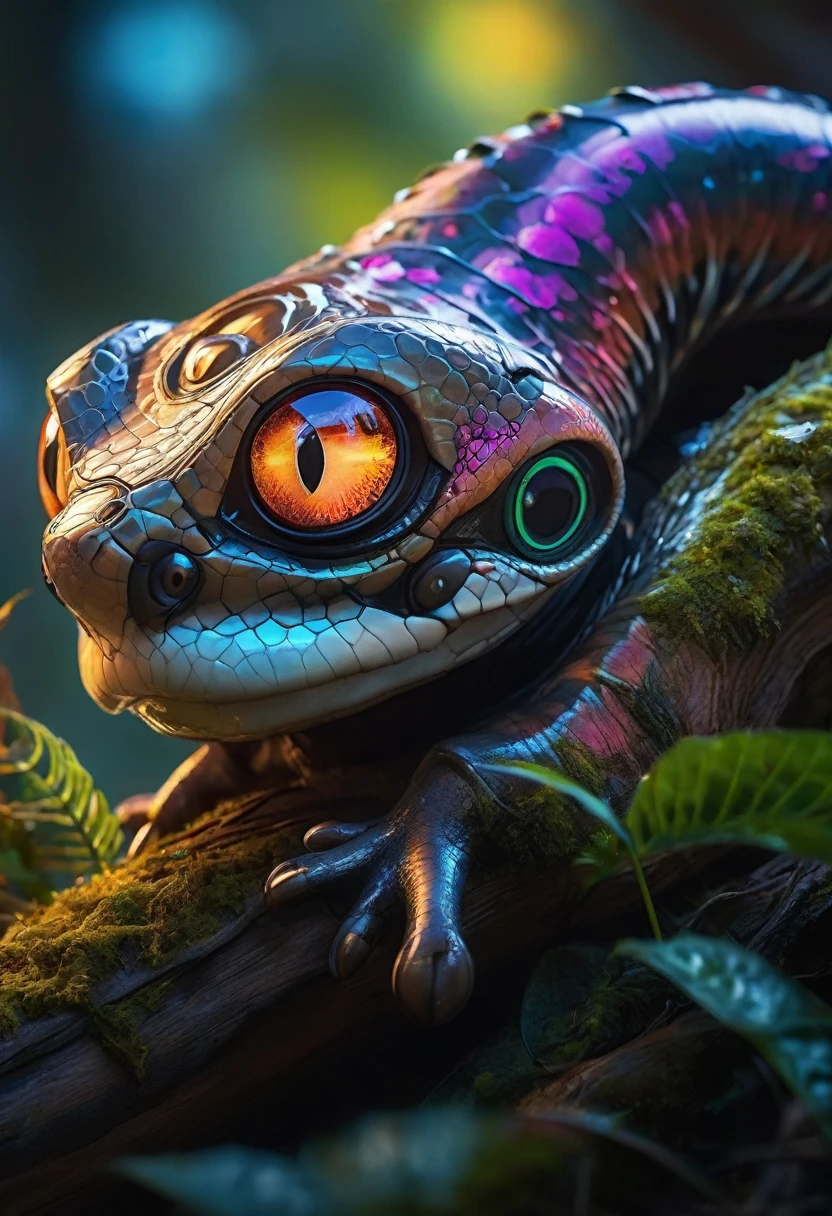 Image of a futuristic, cyberpunk boa constrictor looking directly at the camera with a penetrating and mesmerizing gaze. Its head appears to be in motion, creating a dynamic effect. The eyes shine intensely with a digital glow, and the details are incredibly sharp. The boa's metallic skin appears wet, reflecting light beautifully and showcasing a vibrant array of colors. It is wrapped around a beautiful tree adorned with moss and mushrooms. The image is colorful, with sunbeams filtering through the leaves, making the colors exceptionally vibrant. The ultra-detailed 4K quality captures the scene perfectly, evoking the beauty and intensity of an Ayahuasca vision, blended with a futuristic cyberpunk aesthetic