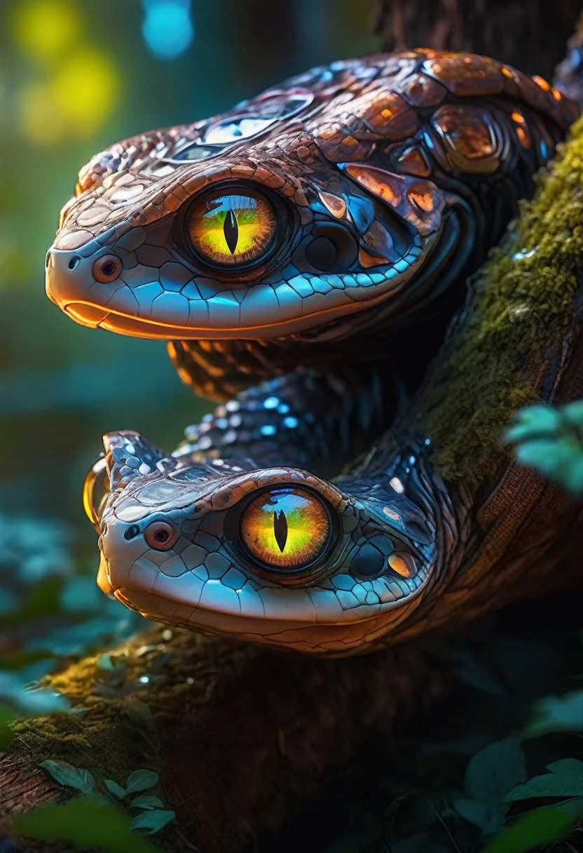 Image of a futuristic, cyberpunk boa constrictor looking directly at the camera with a penetrating and mesmerizing gaze. Its head appears to be in motion, creating a dynamic effect. The eyes shine intensely with a digital glow, and the details are incredibly sharp. The boa's metallic skin appears wet, reflecting light beautifully and showcasing a vibrant array of colors. It is wrapped around a beautiful tree adorned with moss and mushrooms. The image is colorful, with sunbeams filtering through the leaves, making the colors exceptionally vibrant. The ultra-detailed 4K quality captures the scene perfectly, evoking the beauty and intensity of an Ayahuasca vision, blended with a futuristic cyberpunk aesthetic