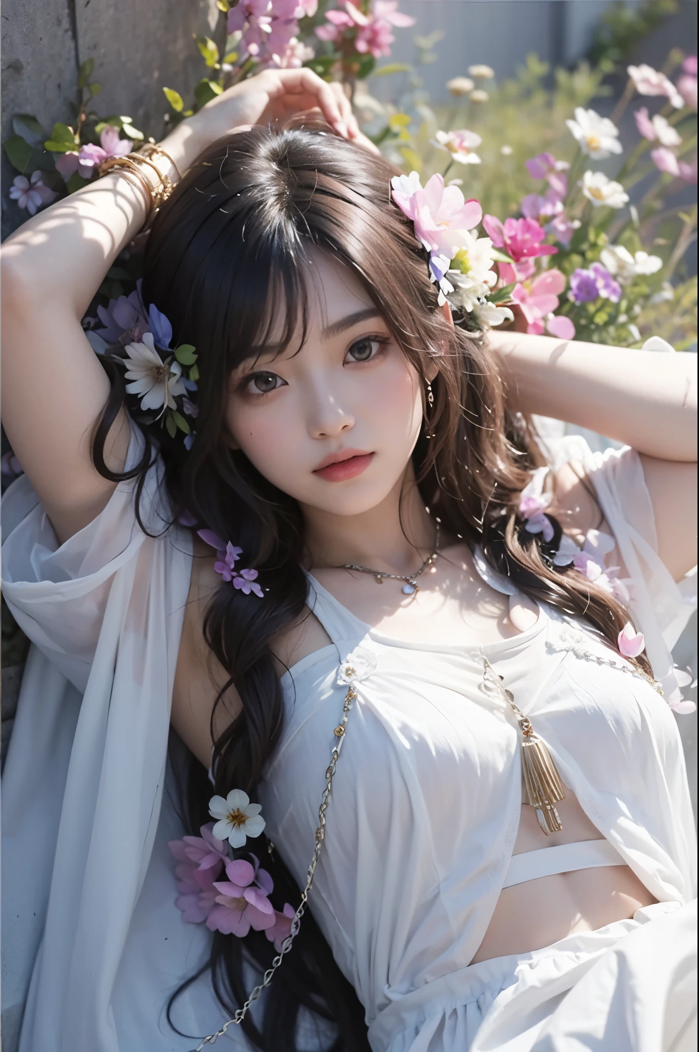 Beautiful Japanese waifu, early 30s, brunette hair, fantasy xianxia silky dress in white with a lot of jewelry decorations, cropped top, lying in wild flowers field