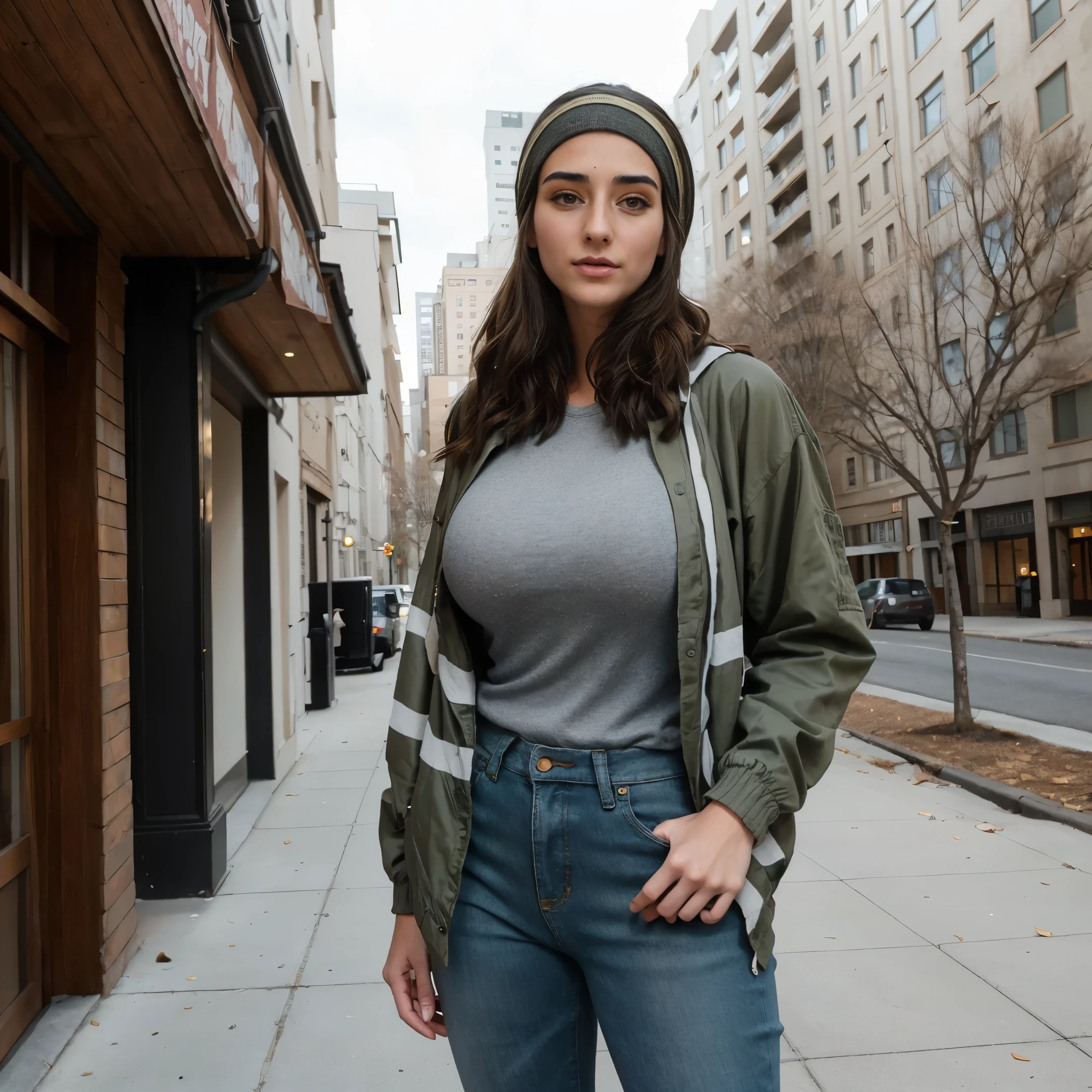 Extremely busty thin and toned brunette photographer, college girl, fair skin, loose side sweep, soft face, athletic, bandana babushka headwrap, tight olive green casual windbreaker, skinny jeans. standing in front of her apartment building, outdoors, city, camera bag, cleavage