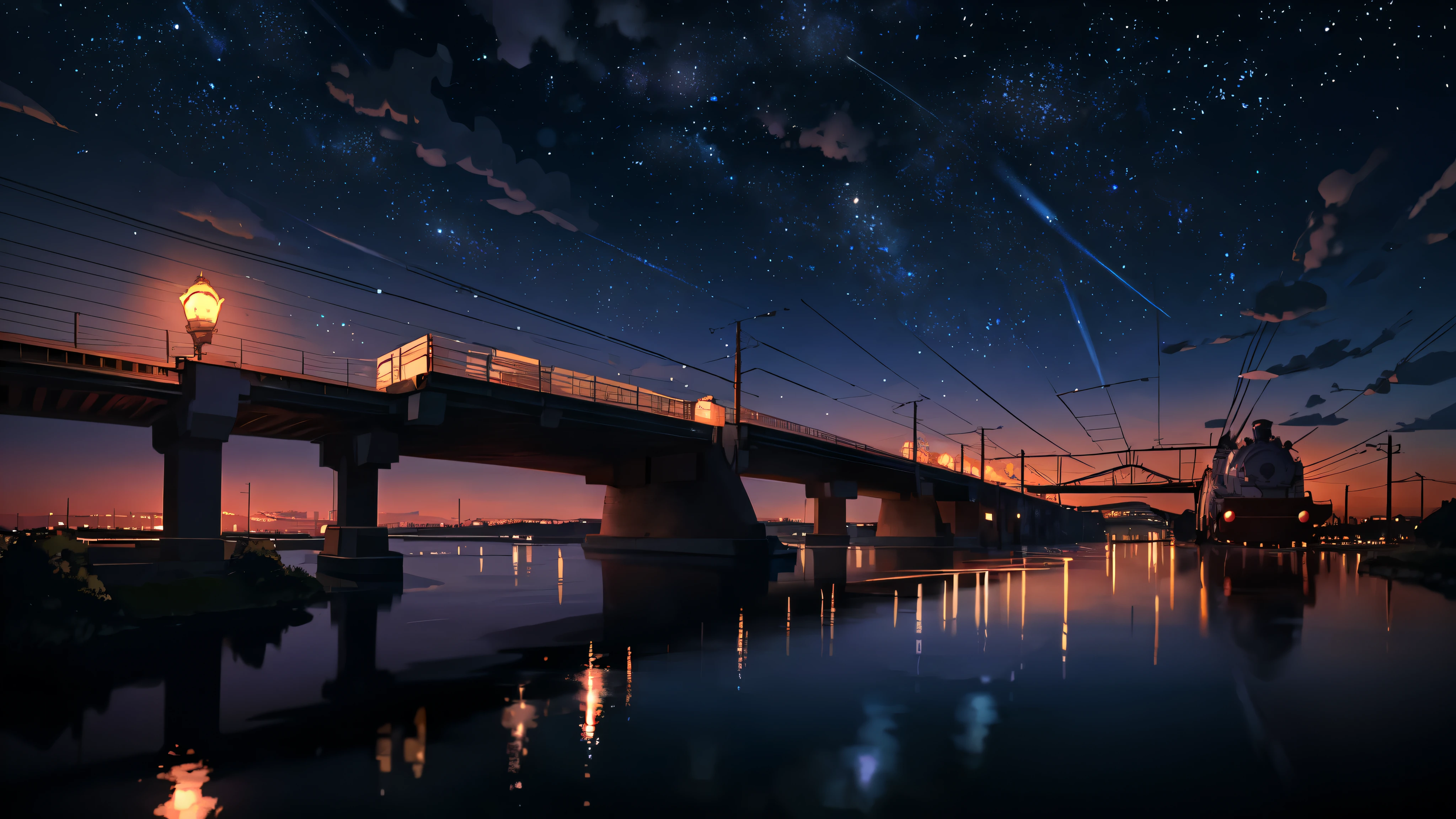 Masterpiece, anime train passing through bodies of water on tracks, bright starry sky. Romantic train, Makoto Shinkai's picture, pixiv, concept art, lofi art style, reflection. by Makoto Shinkai, lofi art, Beautiful anime scene, Anime landscape, detailed scenery —width 672, in style of Makoto shinkai, style of Makoto shinkai, enhanced details., beautiful sky view