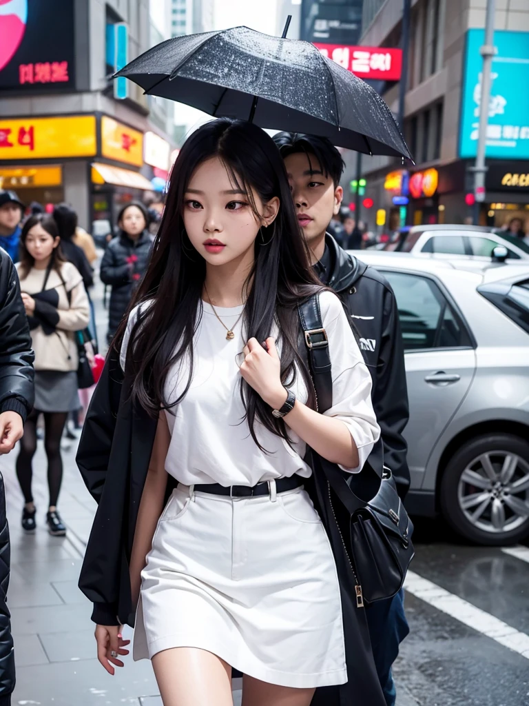 Jennie Kim, the iconic BLACKPINK rapper and singer, is in Seoul on a rainy day. Despite the downpour, she radiates confidence and style as she walks through the city's busy streets. Her black long-sleeved top matches perfectly with her transparent umbrella., creating a sleek, modern silhouette. Her black hair is wet and stuck to her face, but this only serves to enhance your natural beauty. A faint smile plays on his full lips, as she observes the world around her with an air of mystery. City lights flicker and reflect in puddles of water, creating a vibrant and lively urban setting. Focus on Jennie's face. focus on the body.