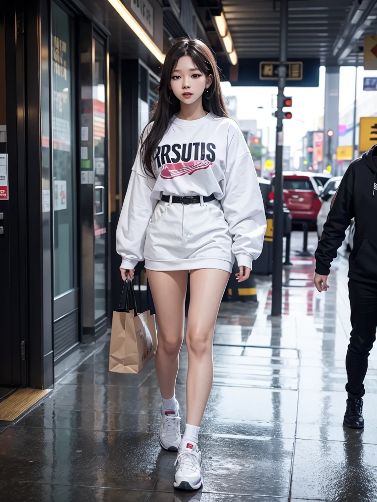 Jennie Kim, the iconic BLACKPINK rapper and singer, is in Seoul on a rainy day. Despite the downpour, she radiates confidence and style as she walks through the city's busy streets. Her black long-sleeved top matches perfectly with her transparent umbrella., creating a sleek, modern silhouette. Her black hair is wet and stuck to her face, but this only serves to enhance your natural beauty. A faint smile plays on his full lips, as she observes the world around her with an air of mystery. City lights flicker and reflect in puddles of water, creating a vibrant and lively urban setting. Focus on Jennie's face. focus on the body.