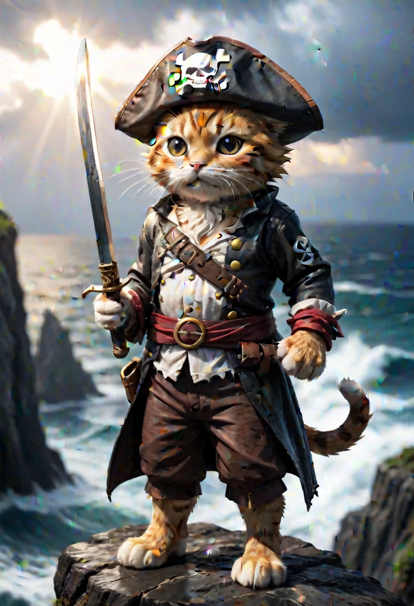 a cute cat pirate one piece outfit wearing a straw hat he is raising his saber and is standing on a cliff and is looking down on an stormy ocean a new dawn is rising on the horizon, high quality photography, 3 point lighting, flash with softbox, 4k, Canon EOS R3, hdr, smooth, sharp focus, high resolution, award winning photo, 80mm, f2.8, bokeh