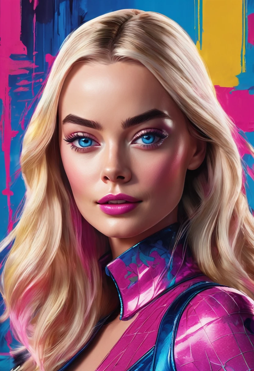 (Masterpiece artwork, 8K, uhd, high resolution: 1.4), vibrant portrait of Margot Robbie as Barbie in Spider-Verse art style, (stylized and detailed strokes: 1.3), (shiny, wavy blonde hair: 1.2), (big, expressive blue eyes: 1.2), (Barbie's iconic outfit with modern, colorful touches: 1.3), (confident and dynamic pose: 1.3), (comic animation elements with hand-drawn textures and shadows: 1.2), (background with stylized and colorful urban scenes: 1.1), (Cheerful and energetic atmosphere: 1.3), Intricate, vibrant details, (fantasy and modern elements: 1.2), (dynamic and captivating perspective: 1.3)