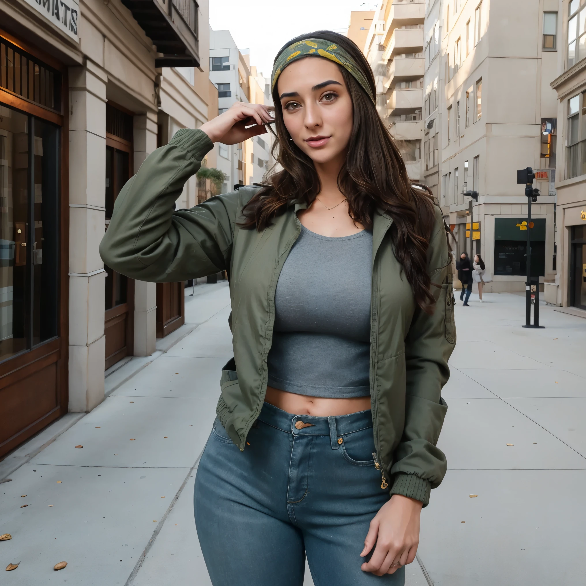 Extremely busty thin and toned brunette photographer, college girl, fair skin, loose side sweep, soft face, athletic, bandana babushka headwrap, tight olive green casual windbreaker, skinny jeans. standing in front of her apartment building, outdoors, city, camera bag, cleavage