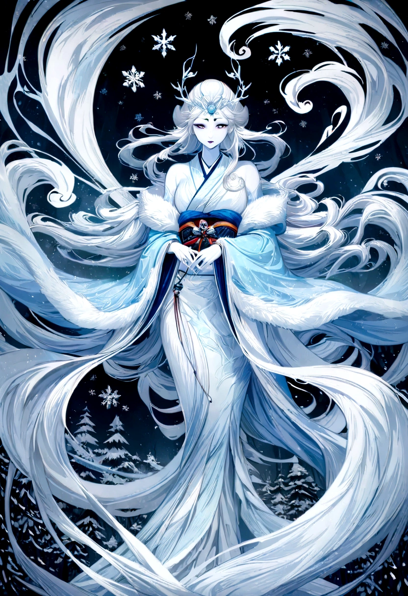 Ethereal snow woman, traditional Japanese folklore, pale skin, long flowing white hair, kimono made of frost patterns, surrounded by swirling snowflakes, moonlit winter forest background, mysterious aura, soft blue and white color palette, digital art style,Highest quality,masterpiece,Super detailed