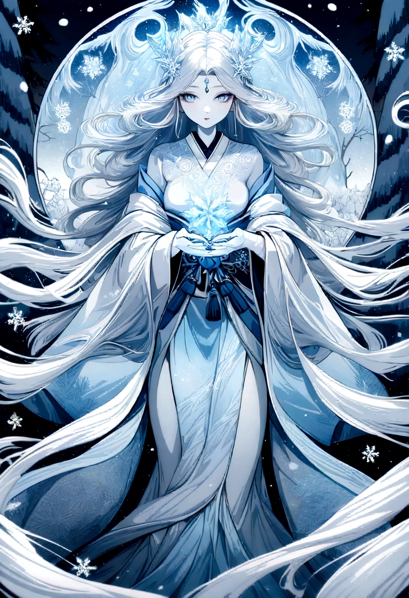 Ethereal snow woman, traditional Japanese folklore, pale skin, long flowing white hair, kimono made of frost patterns, surrounded by swirling snowflakes, moonlit winter forest background, mysterious aura, soft blue and white color palette, digital art style,Highest quality,masterpiece,Super detailed