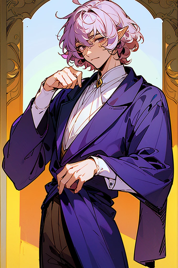 ((masterpiece)), ((one man)), man, man in late 30s, dark skin, white eyes, detailed eyes, elve ears, velvet hair, short hair, short curly hair, ((curly hair)), curly hair, tall, handsome, mature, purple clothes,
