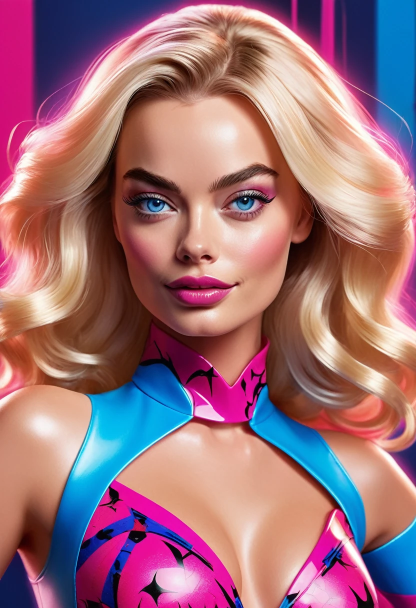 (Masterpiece artwork, 8K, uhd, high resolution: 1.4), vibrant portrait of Margot Robbie as Barbie in Spider-Verse art style, (stylized and detailed strokes: 1.3), (shiny, wavy blonde hair: 1.2), (big, expressive blue eyes: 1.2), (Barbie&#39;s iconic outfit with modern, colorful touches: 1.3), (confident and dynamic pose: 1.3), (comic animation elements with hand-drawn textures and shadows: 1.2), (background with stylized and colorful urban scenes: 1.1), (Cheerful and energetic atmosphere: 1.3), Intricate, vibrant details, (fantasy and modern elements: 1.2), (dynamic and captivating perspective: 1.3)