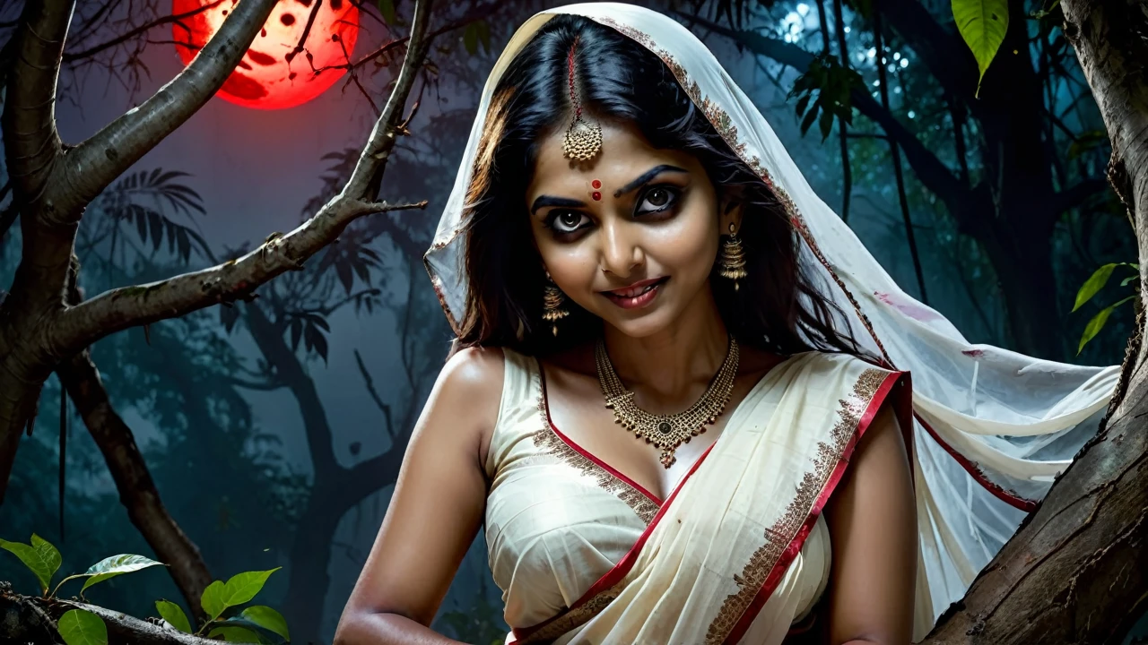 (dark jungle night ambience) (horror dark effect) (full body) a beautiful indian beautiful teen ghost girl wearing sleeveless white blood stained saree, (big but covered) sitting on a tree branch, scary bloody face, cruel smiling expression, seductive, detailed face, detailed eyes, detailed lips, 8k, high quality, ultra-detailed, realistic, photorealistic, physically-based rendering, horror, dark fantasy, moody lighting, dramatic lighting