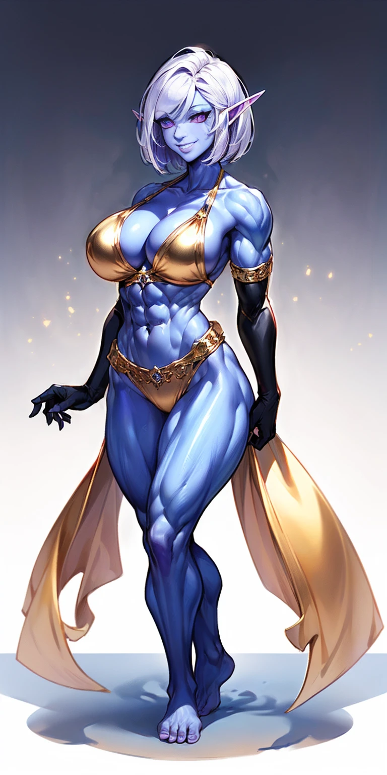 ((plain background:1.2, 1sologirl)) full body standing barefoot hands on waist navel, very purple skin, drow, elf, Madura, Detailed happy face, purple eyes, white hair bob style, gold bikini, well defined six pack abs, Large knockers, golden gloves