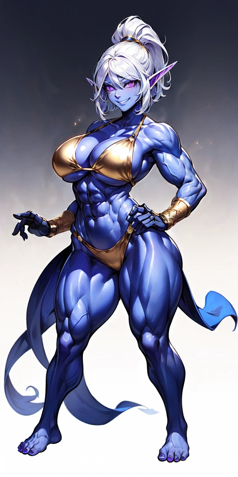((plain background:1.2, 1sologirl)) full body standing barefoot hands on waist navel, very purple skin, drow, elf, Madura, Detailed happy face, purple eyes, white hair bob style, gold bikini, well defined six pack abs, Large knockers, golden gloves
