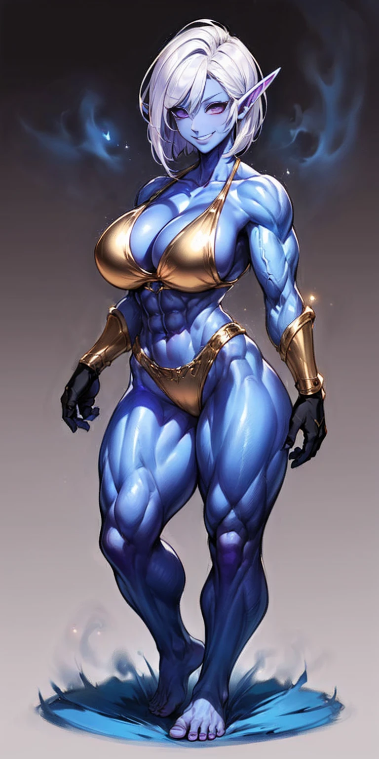 ((plain background:1.2, 1sologirl)) full body standing barefoot hands on waist navel, very purple skin, drow, elf, Madura, Detailed happy face, purple eyes, white hair bob style, gold bikini, well defined six pack abs, Large knockers, golden gloves