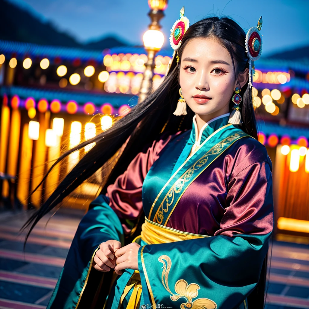 ((best quality)), ((masterpiece)), (detailed), 1 Beauty, Portraiture ,Character leaning to the right,Mongolian national costume,Background Ulaanbaatar,Blurred Background,night
