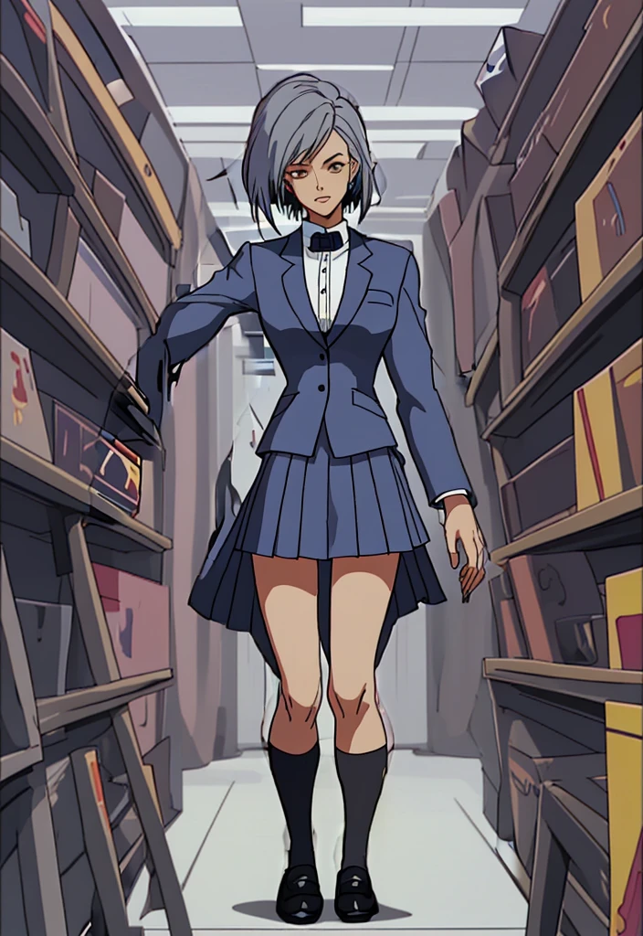 Make a anime dark skinned business woman in a skirt suit