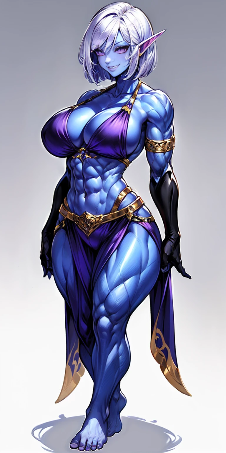 ((plain background:1.2, 1sologirl)) full body standing barefoot hands on waist navel, very purple skin, drow, elf, Madura, Detailed happy face, purple eyes, white hair bob style, gold bikini, well defined six pack abs, Large knockers, golden gloves