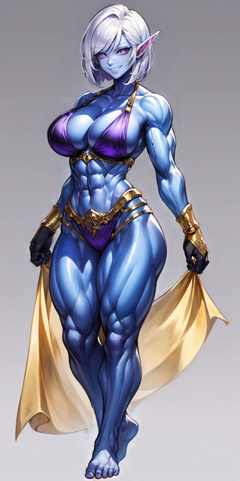 ((plain background:1.2, 1sologirl)) full body standing barefoot hands on waist navel, very purple skin, drow, elf, Madura, Detailed happy face, purple eyes, white hair bob style, gold bikini, well defined six pack abs, Large knockers, golden gloves