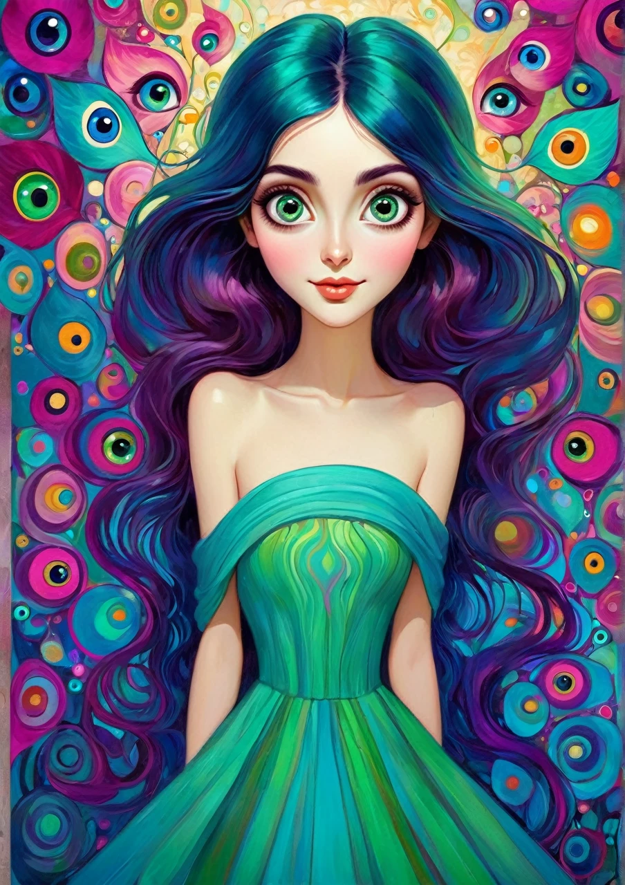 Happy colorful woman big eyes, bella, realistic cartoon proportion, wow of art, attractive,estilo Gustav Klimt, green Blue, cyan, magenta